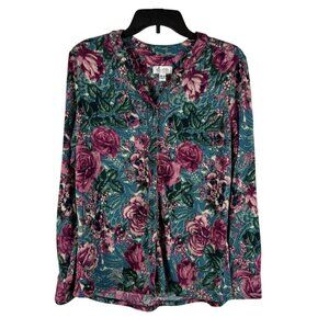 D&Co Womens Floral Long Sleeve Stretch Button-Down Shirt Blouse Size M